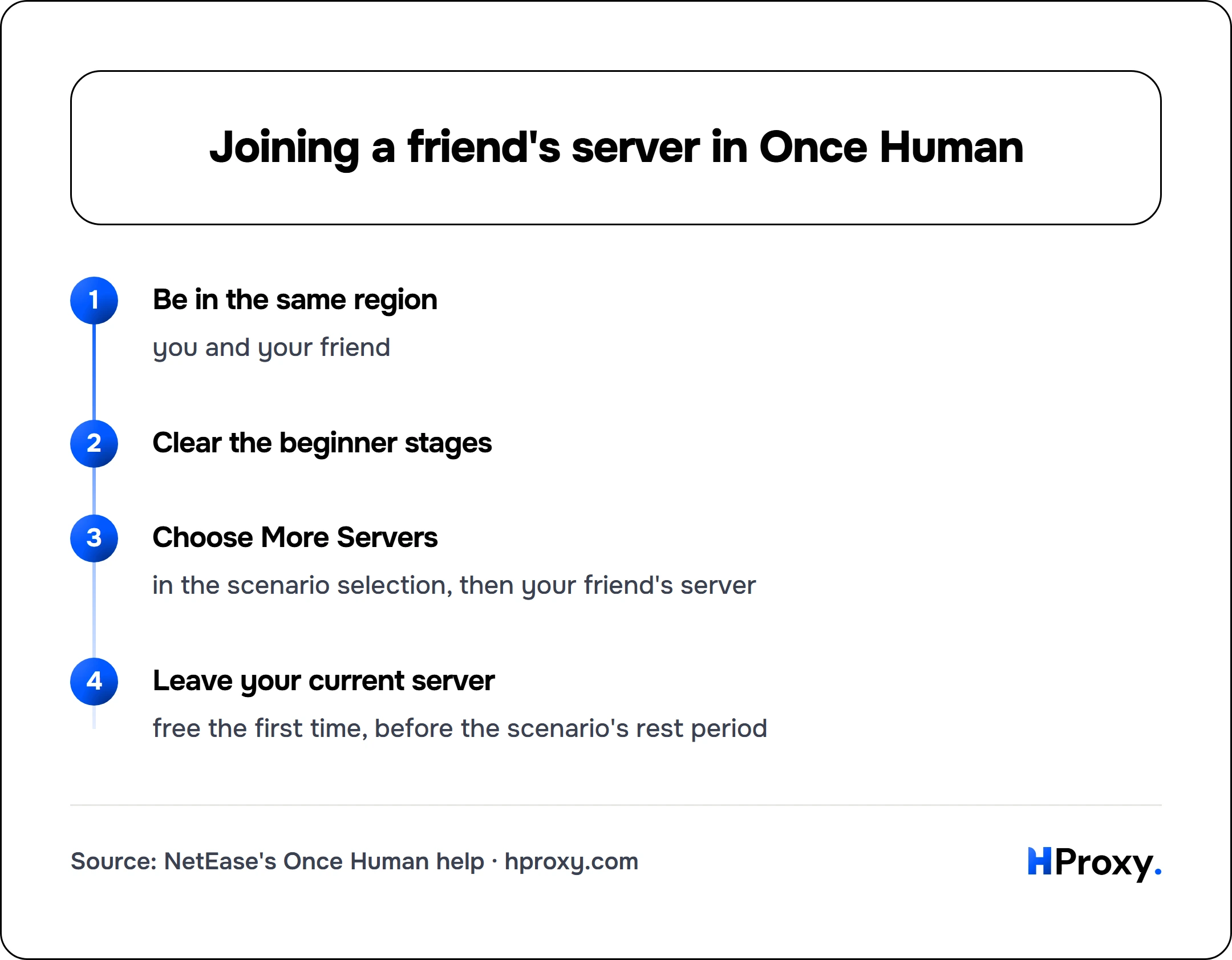 Joining a friend's server in Once Human. flow: Be in the same region then Clear the beginner stages then Choose More Servers then Leave your current server.