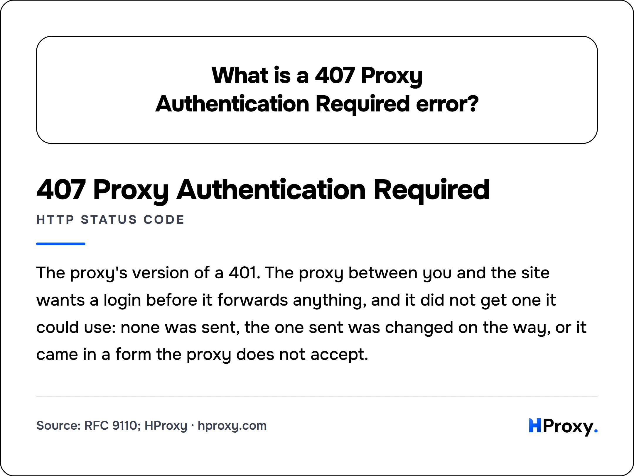 What is a 407 Proxy Authentication Required error?. 407 Proxy Authentication Required (HTTP status code): The proxy's version of a 401. The proxy between you and the site wants a login before it forwards anything, and it did not get one it could use: none was sent, the one sent was changed on the way, or it came in a form the proxy does not accept.
