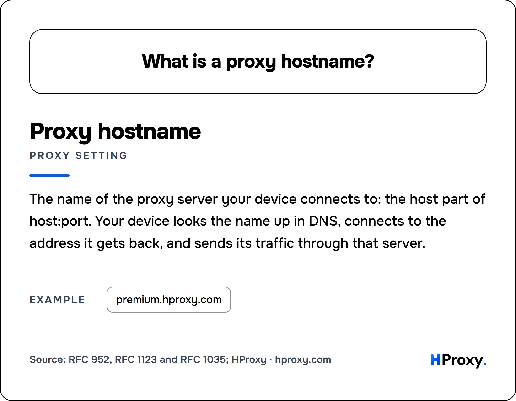 What is a proxy hostname?. Proxy hostname (proxy setting): The name of the proxy server your device connects to: the host part of host:port. Your device looks the name up in DNS, connects to the address it gets back, and sends its traffic through that server. Example: premium.hproxy.com.