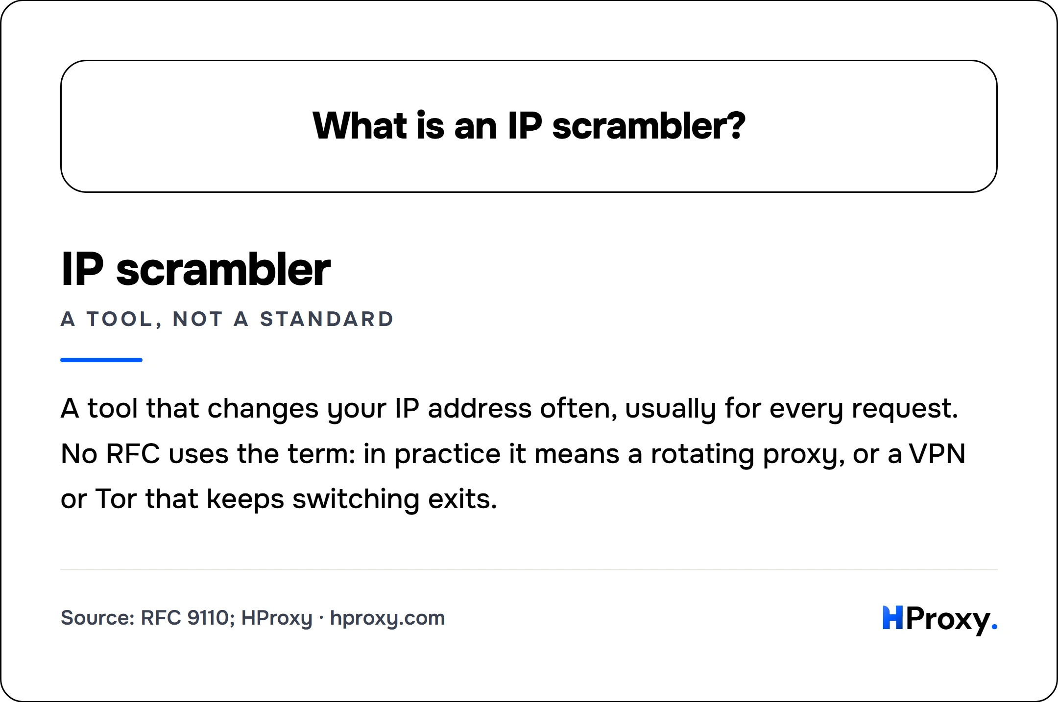 What is an IP scrambler?. IP scrambler (a tool, not a standard): A tool that changes your IP address often, usually for every request. No RFC uses the term: in practice it means a rotating proxy, or a VPN or Tor that keeps switching exits.