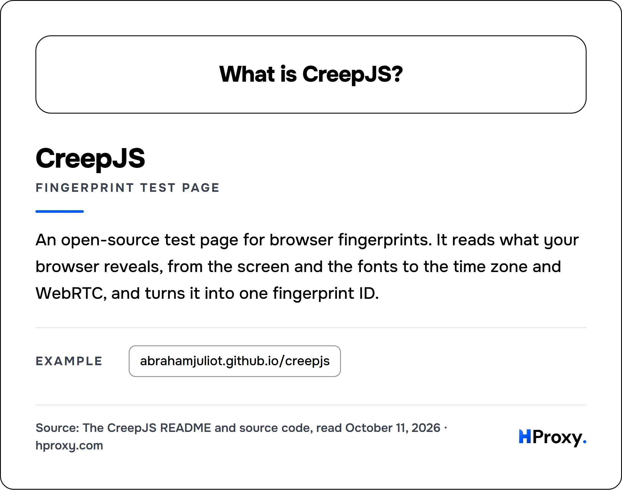 What is CreepJS?. CreepJS (fingerprint test page): An open-source test page for browser fingerprints. It reads what your browser reveals, from the screen and the fonts to the time zone and WebRTC, and turns it into one fingerprint ID. Example: abrahamjuliot.github.io/creepjs.