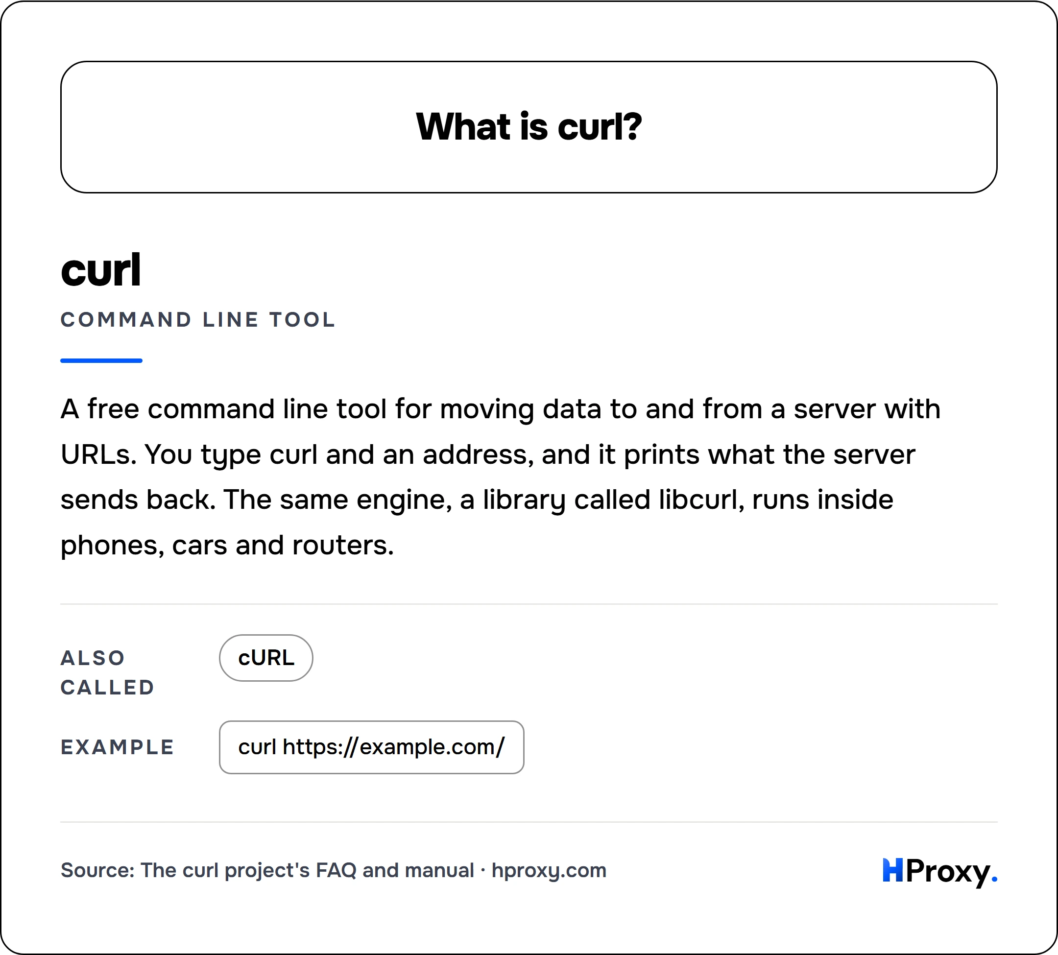 What is curl?. curl (command line tool): A free command line tool for moving data to and from a server with URLs. You type curl and an address, and it prints what the server sends back. The same engine, a library called libcurl, runs inside phones, cars and routers. Also called cURL. Example: curl https://example.com/.