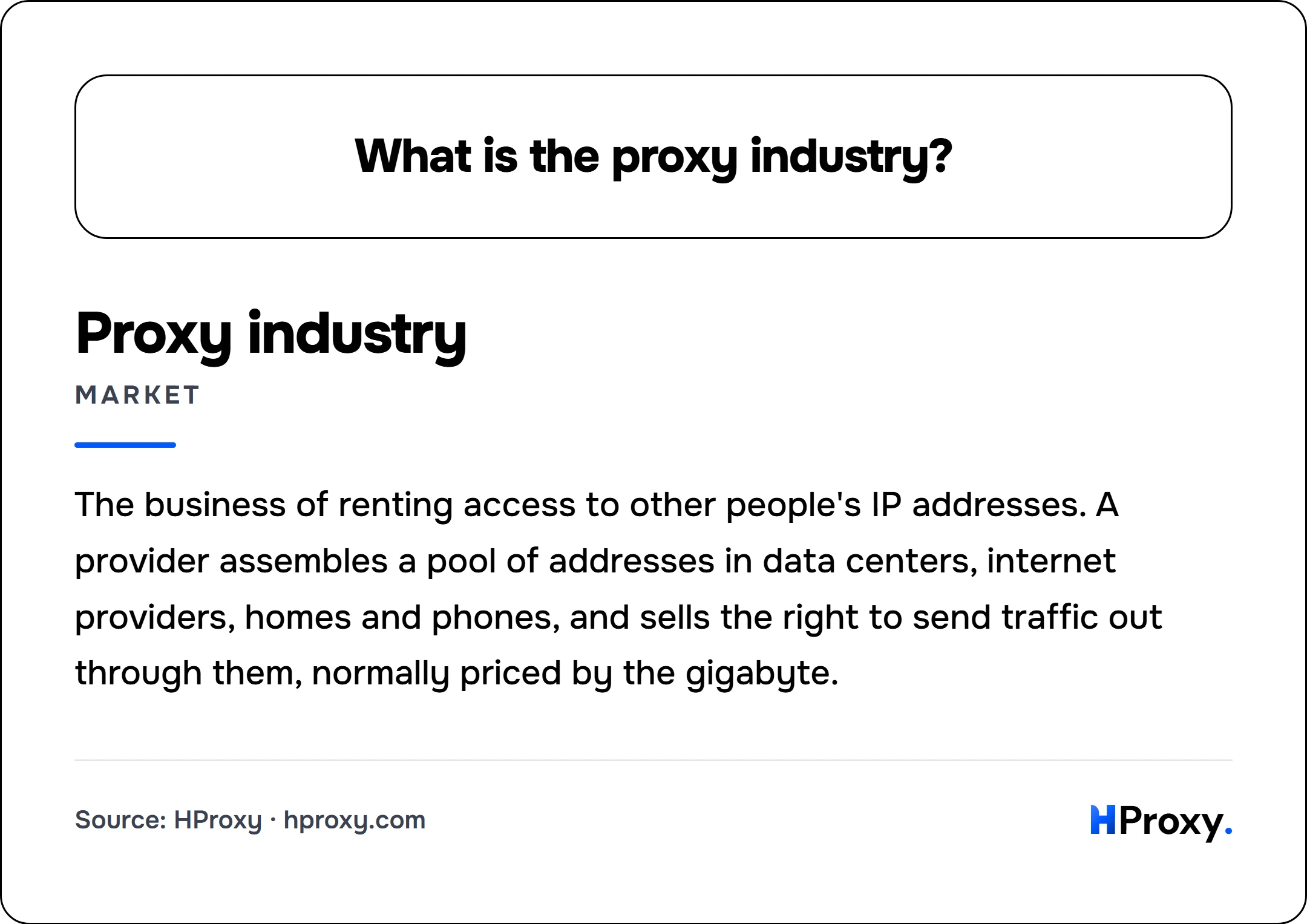 What is the proxy industry?. Proxy industry (market): The business of renting access to other people's IP addresses. A provider assembles a pool of addresses in data centers, internet providers, homes and phones, and sells the right to send traffic out through them, normally priced by the gigabyte.