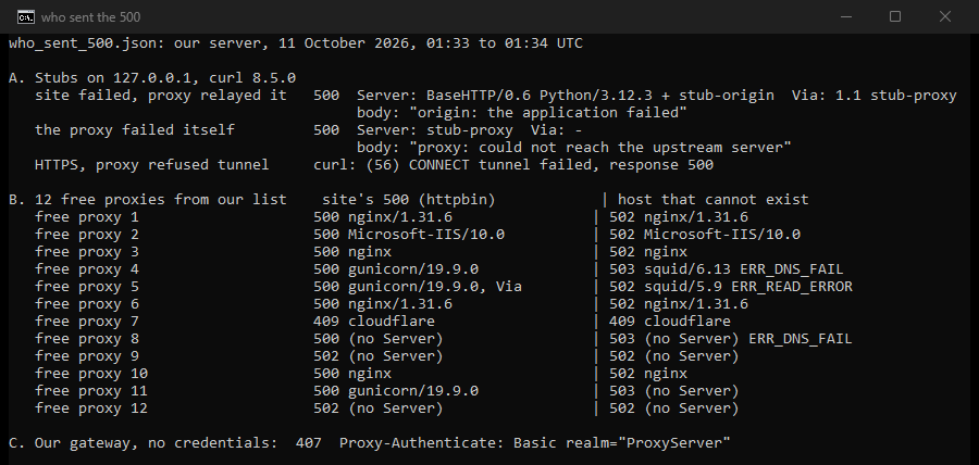 Terminal output of our test. Part A, stubs on 127.0.0.1: the site's 500 relayed with the site's server name, Via 1.1 stub-proxy and the site's body; the proxy's own 500 with Server stub-proxy and its own body; HTTPS through the refusing stub ended with curl (56) CONNECT tunnel failed, response 500. Part B, 12 free proxies: for the site's 500, nine answered 500, two answered 502, one answered 409; for a host that cannot exist, eight answered 502, three answered 503, one answered 409. Part C, our gateway without credentials: 407 with Proxy-Authenticate Basic.