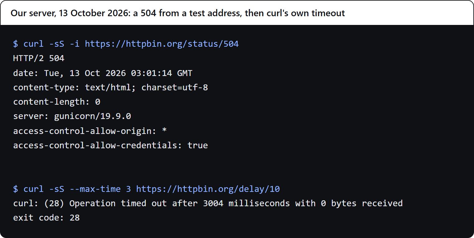 A terminal on our server: the first request answers HTTP/2 504 with an empty body; the second ends with curl: (28) Operation timed out after 3004 milliseconds with 0 bytes received, and exit code 28.