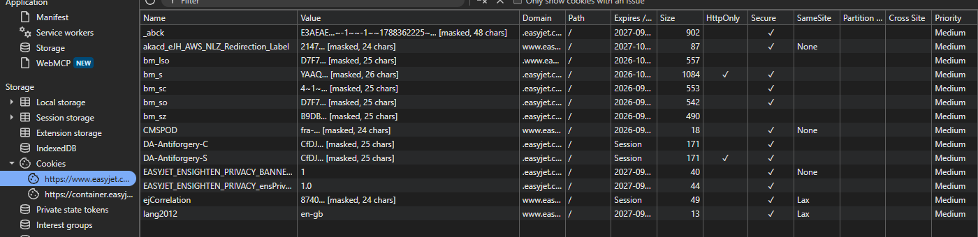 Chrome DevTools, Application panel, Cookies for https://www.easyjet.com: the _abck row with a one-year expiry and the Secure flag, bm_s with HttpOnly and Secure, bm_sz with neither, and the site's own cookies, all values masked.