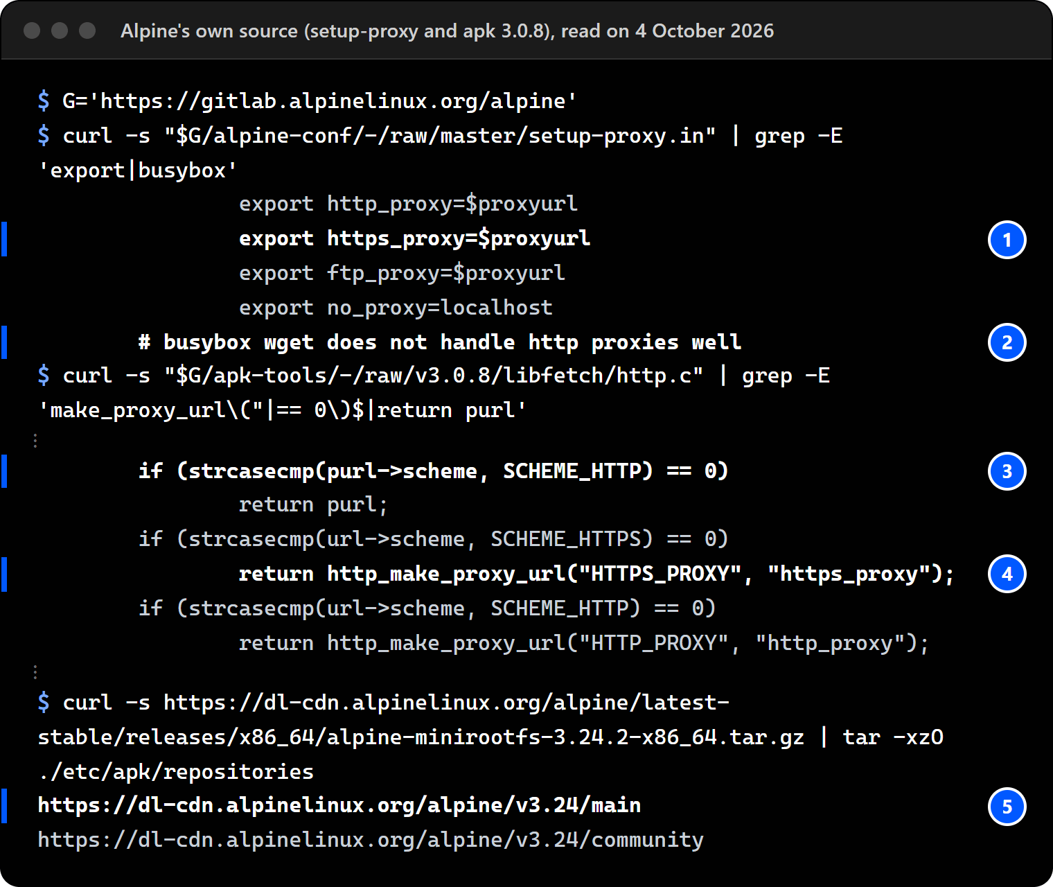 Terminal on our workstation, 4 October 2026: Alpine's setup-proxy writes four exports and installs wget; apk 3.0.8 keeps a proxy only if its address is http and takes HTTPS_PROXY for https addresses; Alpine 3.24.2 fetches packages from https mirrors.