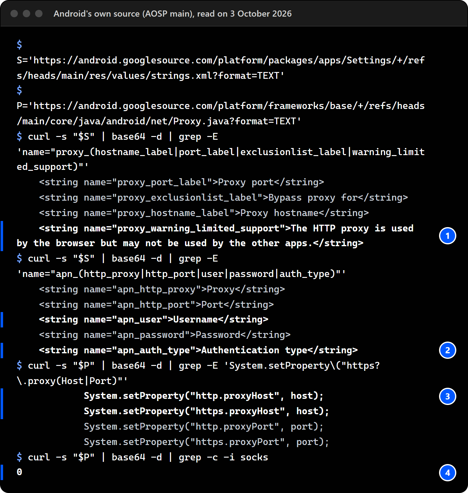 Terminal on our workstation: Android's source read with curl. The Settings app's strings show Proxy hostname, Proxy port, Bypass proxy for and the warning that other apps may not use the HTTP proxy; the APN strings show Proxy, Port, Username, Password and Authentication type; Proxy.java sets http.proxyHost and https.proxyHost with their ports, and the word socks appears in it zero times.