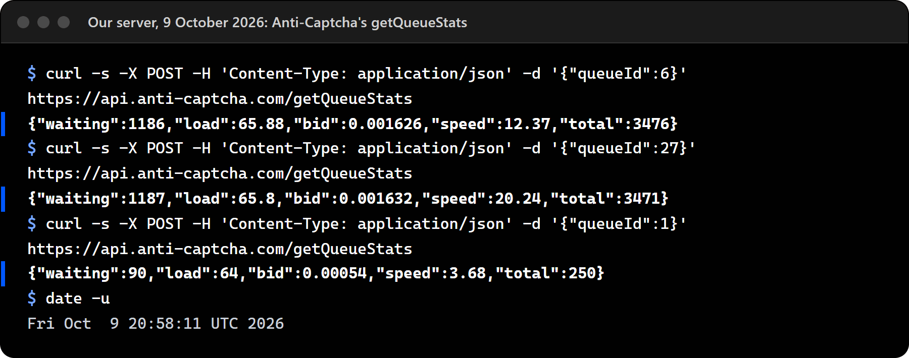 Our terminal reading Anti-Captcha's getQueueStats for reCAPTCHA v2, Cloudflare Turnstile and image captchas, with the speed and average cost each one returned.