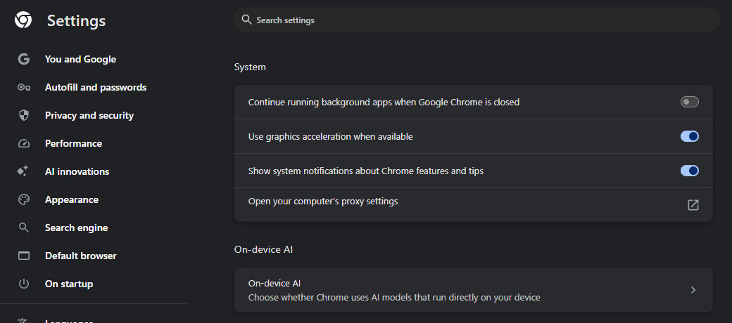 Chrome 153 Settings page, System section: three switches and the row Open your computer's proxy settings with an external-link icon.