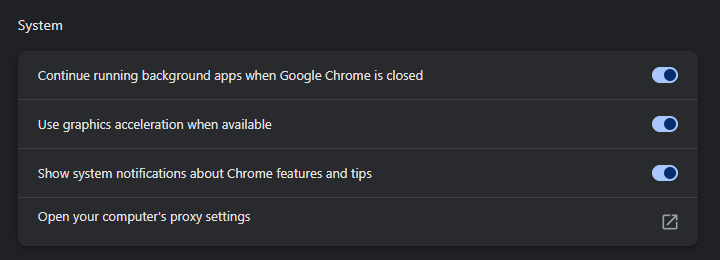 Chrome's Settings page, System section, with the row Open your computer's proxy settings and its external-link icon.