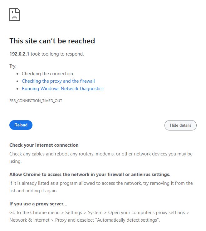 The Chrome timeout page with the Details box open: This site can't be reached, 192.0.2.1 took too long to respond, the three suggestions, the code ERR_CONNECTION_TIMED_OUT, and the help texts for the connection, the firewall and the proxy.