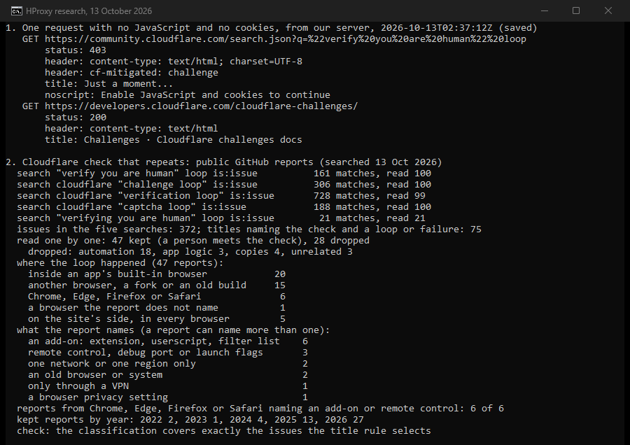 Our console: a request without JavaScript gets status 403 and cf-mitigated: challenge, then our count of 47 reports.