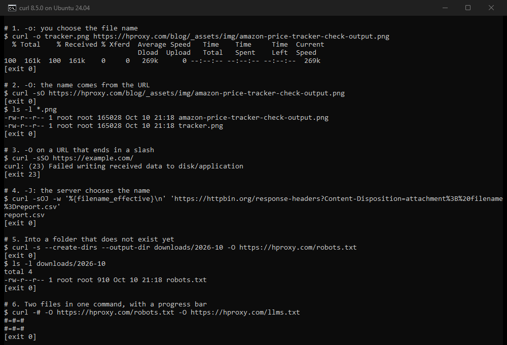 Our terminal on 10 October 2026, curl 8.5.0 on Ubuntu 24.04. curl -o saves our PNG as tracker.png, 161k at 269k per second. curl -O saves it under its own name, and ls shows both files at 165028 bytes. curl -sSO on https://example.com/ fails with curl: (23) Failed writing received data to disk/application. curl -OJ on httpbin's response-headers address prints report.csv. With --create-dirs and --output-dir, robots.txt lands in downloads/2026-10 with 910 bytes. curl -# with two -O options prints #=#=# twice.