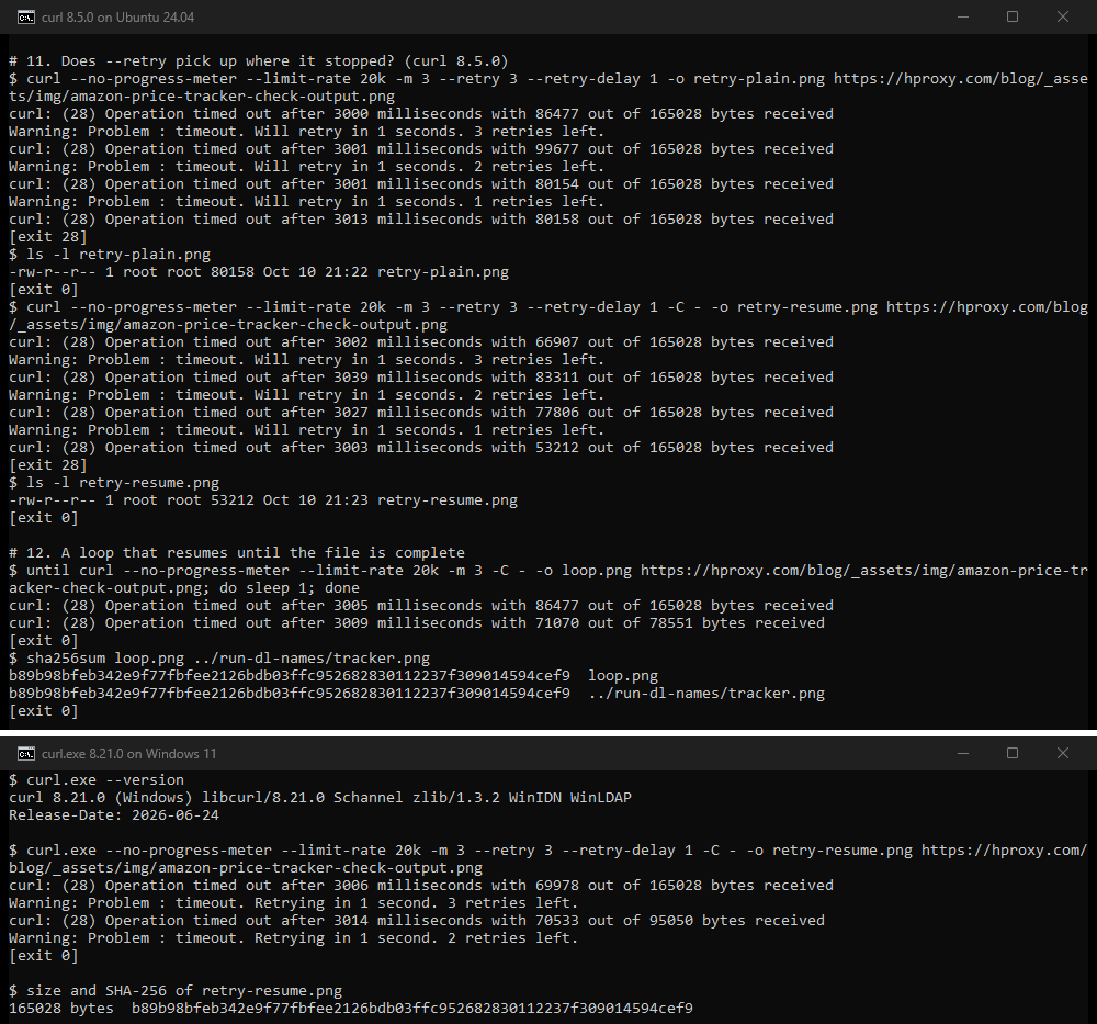 Two of our terminal captures from 10 October 2026, one above the other. Above, curl 8.5.0 on Ubuntu 24.04. With --retry 3, four attempts each count from zero out of 165028 bytes, and the command ends with exit 28. That happens both without and with -C -, and ls shows 80158 and 53212 bytes. An until loop with curl -C - resumes from 86477 bytes, and sha256sum matches the full file. Below, curl.exe 8.21.0 on Windows 11. With --retry 3 -C -, the first attempt times out at 69978 bytes. The second reports 70533 out of 95050 bytes, so it resumed. The command exits 0, and the file has 165028 bytes with the same SHA-256.