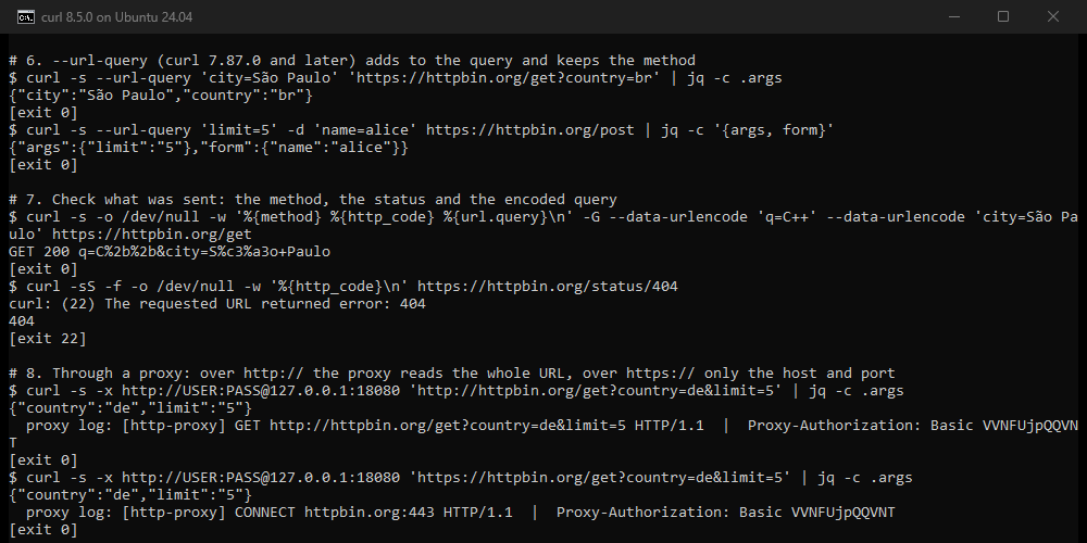 Terminal output: --url-query on a GET and a POST, -w with the method, status and query, -f on a 404, and what a proxy sees over http and https
