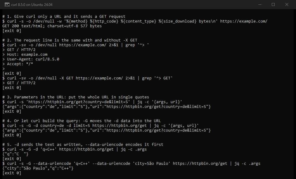 Terminal output: a bare URL sends GET, the request line with and without -X GET, two ways to add parameters, and -d against --data-urlencode