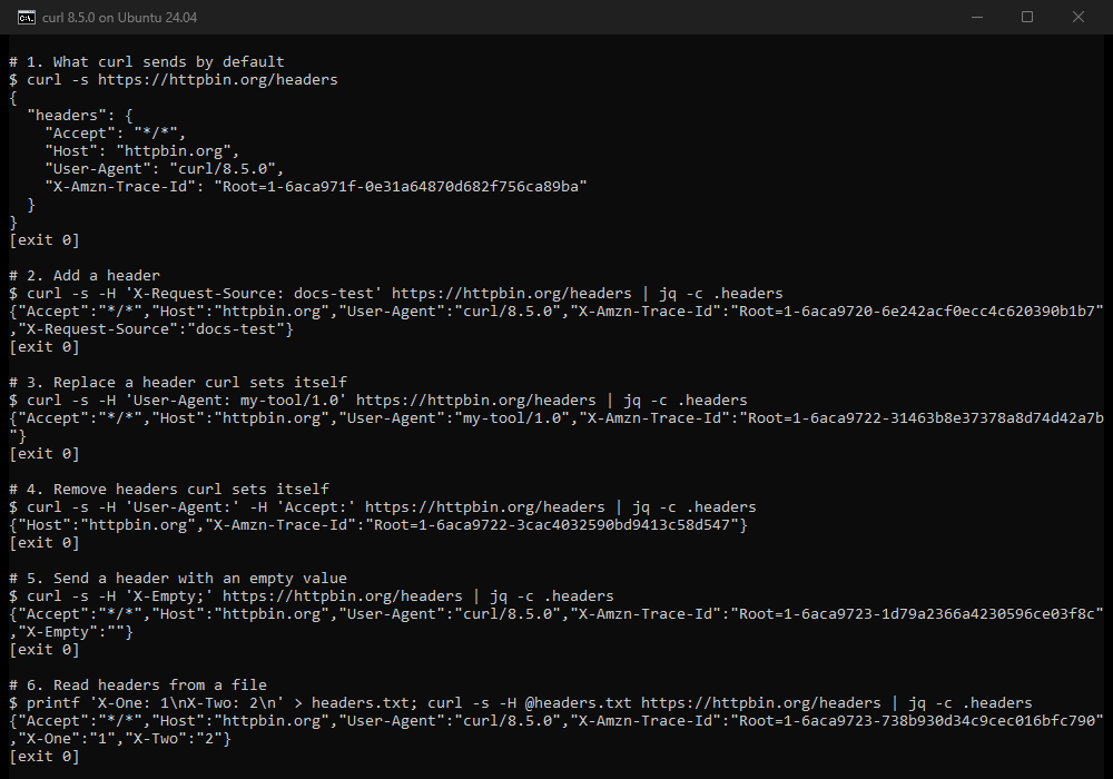 Terminal capture of the header tests, 10 October 2026. httpbin.org/headers reports the default headers Accept, Host and User-Agent curl/8.5.0, plus X-Amzn-Trace-Id. With -H the header X-Request-Source arrives. -H 'User-Agent: my-tool/1.0' replaces the agent. -H 'User-Agent:' and -H 'Accept:' leave only Host and X-Amzn-Trace-Id. -H 'X-Empty;' arrives with an empty value. -H @headers.txt sends X-One and X-Two.