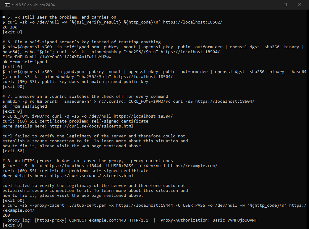 Terminal capture of the safer options, 10 October 2026, curl 8.5.0. Under -k, ssl_verify_result prints 20 with status 200. The self-signed server's key hash, used with --pinnedpubkey, connects and answers ok from selfsigned. A different key's hash ends with curl: (90) SSL: public key does not match pinned public key. A .curlrc containing insecure lets a plain curl reach the self-signed server, and curl -q with the same file fails with exit 60. Through an HTTPS proxy with a self-signed certificate, -k still fails with exit 60, while --proxy-cacert with the proxy's certificate returns 200.