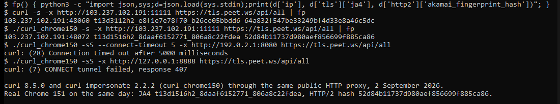 Terminal capture of the run: plain curl and curl_chrome150 through the same public HTTP proxy, then a timeout and a 407 message.