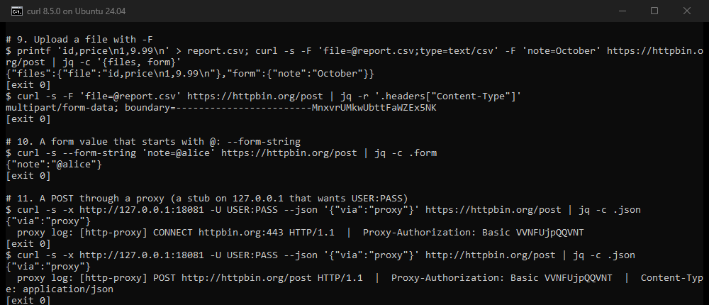 Terminal capture of the upload and proxy tests, 10 October 2026, curl 8.5.0. -F file=@report.csv with type text/csv and -F note=October reach httpbin as a file holding the CSV text and a form field. The request's Content-Type is multipart/form-data with a boundary. --form-string note=@alice arrives as the text @alice. A JSON POST through a stub proxy to an https address arrives, and the proxy log shows only CONNECT httpbin.org:443. To a plain http address it arrives as well. There the proxy log shows POST http://httpbin.org/post with Content-Type application/json.