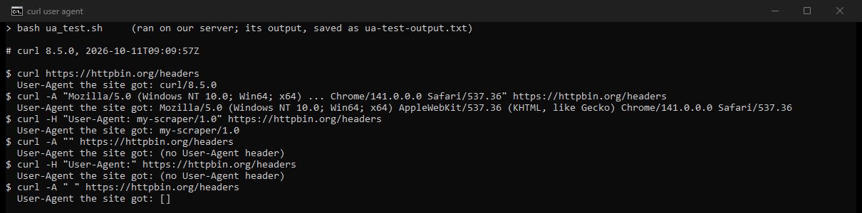 Terminal output: the User-Agent httpbin received with no option, with -A and a Chrome string, with -H, with -A and an empty string, with -H and no value, and with -A and a single space