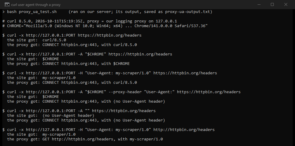 Terminal output: six curl commands through our logging proxy, each with the User-Agent the site received and the one on the proxy's CONNECT or GET line