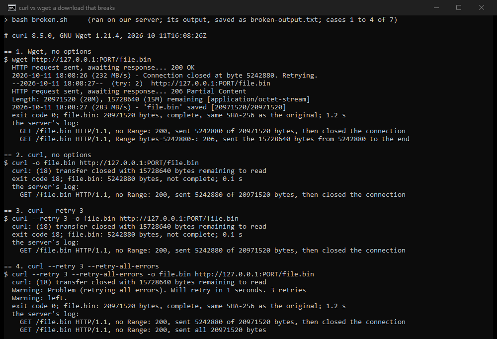 Terminal output: Wget continues a broken download from byte 5242880 with a 206 answer; curl stops with exit code 18; curl --retry 3 does not retry; curl --retry-all-errors downloads the whole file again; the server's log of each request