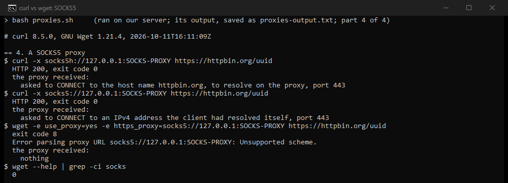 Terminal output: curl through a SOCKS5 proxy with socks5h, which sends the host name, and with socks5, which sends an address curl resolved itself; Wget refusing socks5 with Unsupported scheme