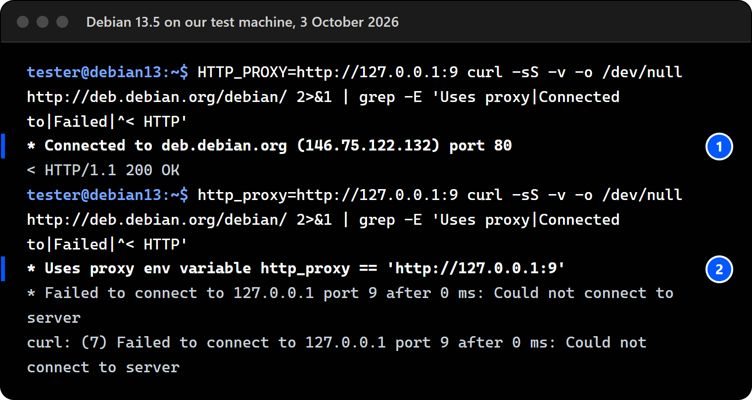 Terminal on Debian 13.5: with HTTP_PROXY in upper case pointing at a closed port, curl connected straight to deb.debian.org; with http_proxy in lower case, curl used it and failed against the closed port.
