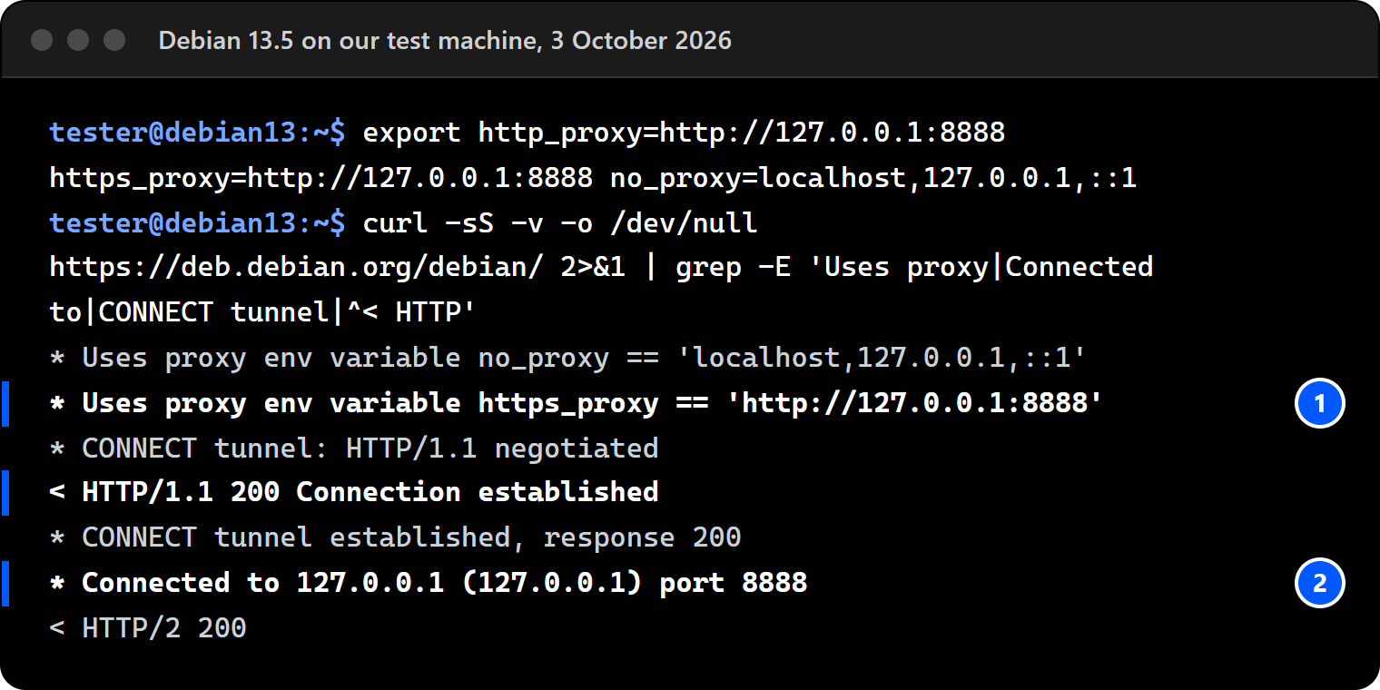 Terminal on Debian 13.5: curl -v printing Uses proxy env variable https_proxy, CONNECT tunnel established, response 200, and Connected to 127.0.0.1 port 8888.