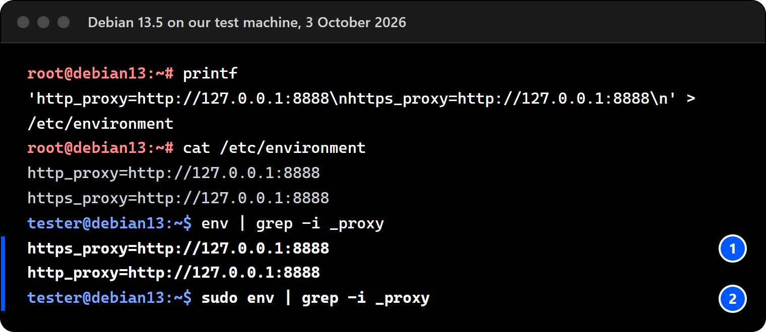 Terminal on Debian 13.5: /etc/environment holds the proxy names; after a login env shows them; sudo env shows nothing.