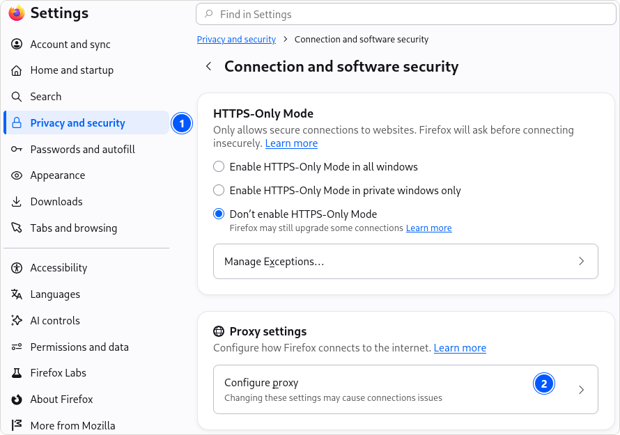 Firefox ESR 153 settings on Debian 13.5: mark 1 on Privacy and security in the sidebar, mark 2 on Configure proxy under Proxy settings.