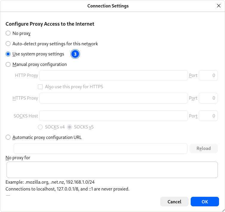 Firefox's Connection Settings dialog with Use system proxy settings selected, marked 3, above the unused manual fields.