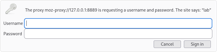Firefox's prompt: The proxy moz-proxy://127.0.0.1:8889 is requesting a username and password. The site says: lab, with Username and Password fields and a Sign in button.