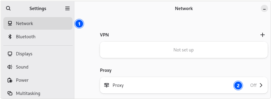 GNOME Settings 48 on Debian 13.5 with the Network page open: mark 1 on Network in the sidebar, mark 2 on the row Proxy, which still reads Off.