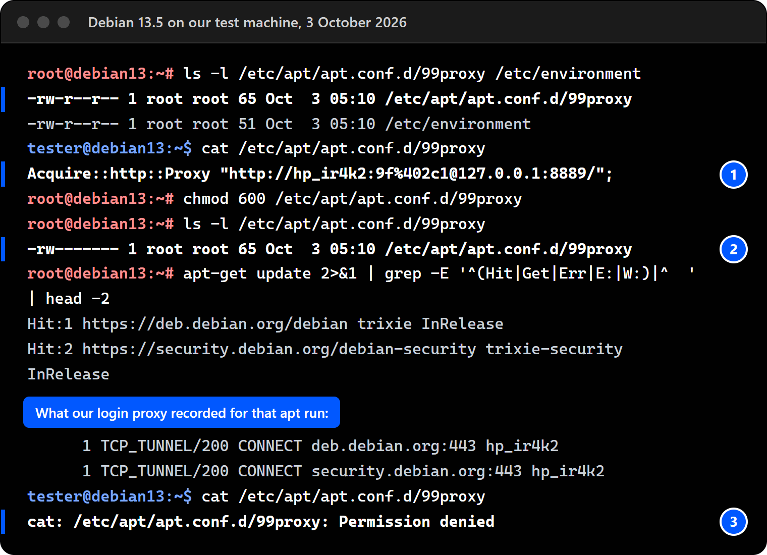Terminal on Debian 13.5: 99proxy and /etc/environment created with mode 644, a normal user reads the proxy password, chmod 600, apt-get update still goes through the login proxy, the normal user now gets Permission denied.