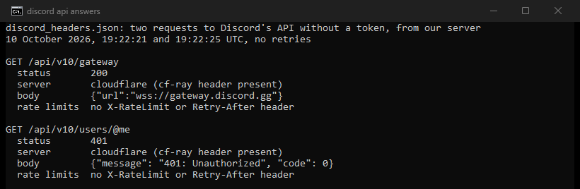 Terminal output of our test. GET /api/v10/gateway: status 200, server cloudflare, body with the gateway URL, no X-RateLimit or Retry-After header. GET /api/v10/users/@me without a token: status 401, body 401: Unauthorized, code 0, no X-RateLimit or Retry-After header.