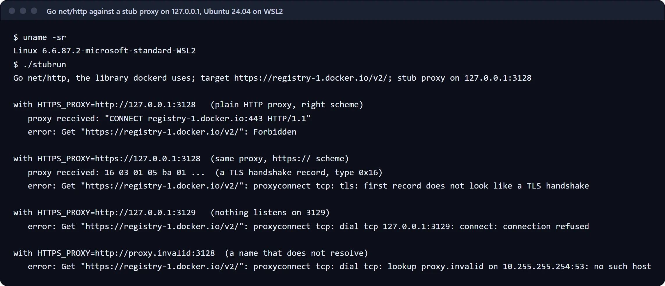Terminal capture: with an http:// proxy address the stub received the line CONNECT registry-1.docker.io:443 HTTP/1.1. With an https:// address it received the bytes 16 03 01, a TLS handshake record, and Go printed proxyconnect tcp: tls: first record does not look like a TLS handshake. A closed port gave connect: connection refused, and an unknown name gave no such host.