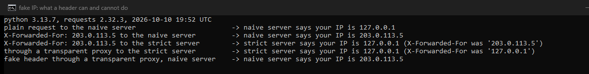 Our terminal running the header test: a naive server, a strict server and a transparent proxy, and the address each one reported.