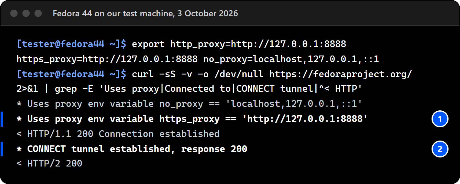 Terminal on Fedora 44: curl -v printing Uses proxy env variable https_proxy and CONNECT tunnel established, response 200.