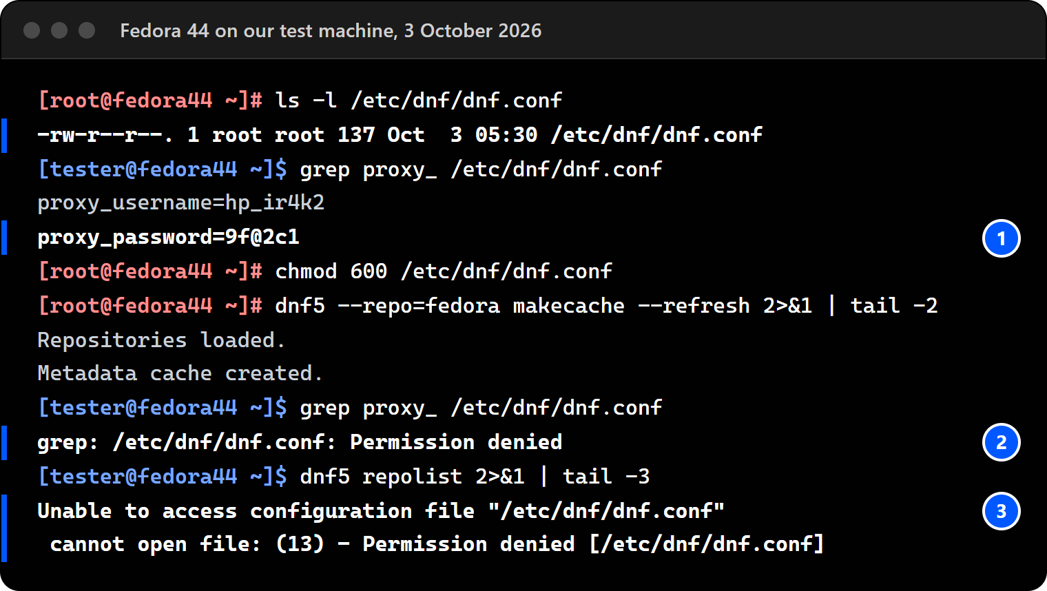Terminal on Fedora 44: dnf.conf is mode 644 and a normal user can read the proxy password; after chmod 600 dnf as root still works, the normal user cannot read the file, and dnf repolist as that user fails with Permission denied.