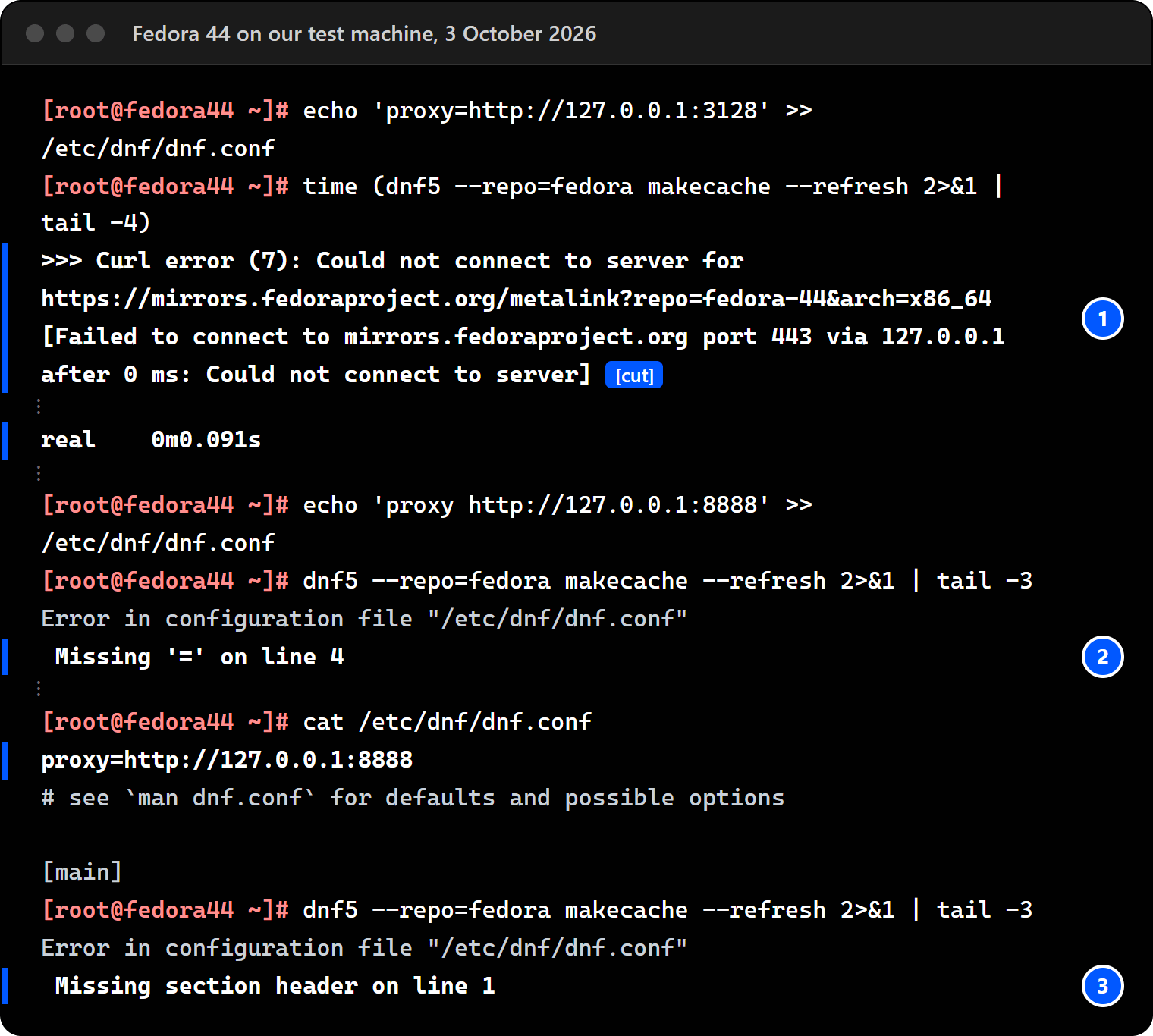 Terminal on Fedora 44: a dead proxy on port 3128 gives Curl error (7) in 0.09 seconds; a proxy line without = gives Missing '=' on line 4; a proxy line above [main] gives Missing section header on line 1.