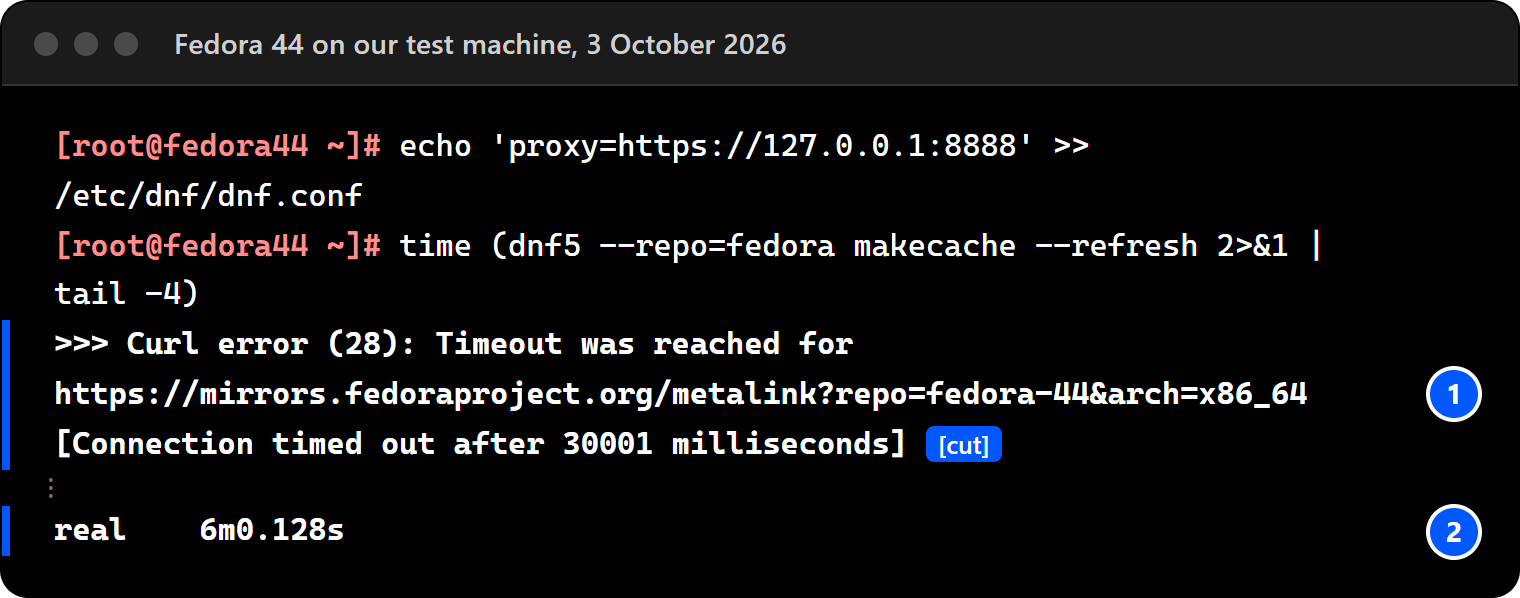 Terminal on Fedora 44: with https:// in front of the proxy, dnf fails with Curl error (28), Connection timed out after 30001 milliseconds, after a measured 6 minutes.