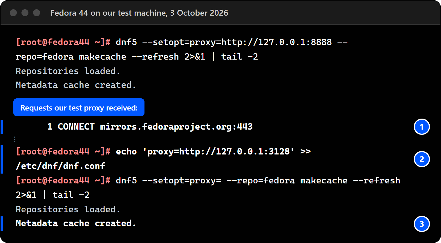 Terminal on Fedora 44: dnf --setopt=proxy= pointing at the test proxy sends its request there; then with a dead proxy on port 3128 in dnf.conf, dnf --setopt=proxy= with no value still succeeds.