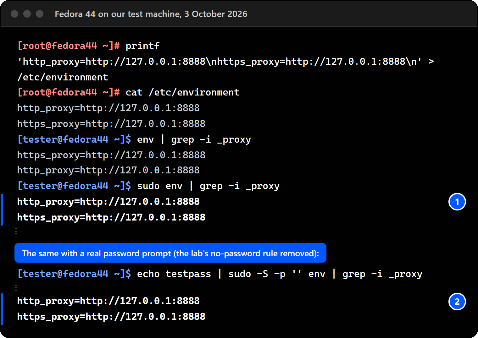 Terminal on Fedora 44: /etc/environment holds the proxy names; after a login env shows them; sudo env shows them too; with the password typed at a real prompt, sudo env still shows them.