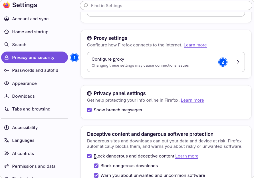 Firefox 157 settings on Fedora 44: mark 1 on Privacy and security, mark 2 on Configure proxy under Proxy settings.
