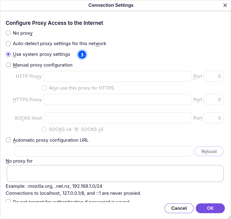 Firefox's Connection Settings dialog on Fedora with Use system proxy settings selected, marked 3.