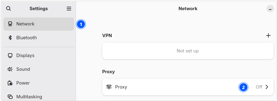 GNOME Settings 50 on Fedora 44 with the Network page open: mark 1 on Network in the sidebar, mark 2 on the row Proxy, which reads Off.