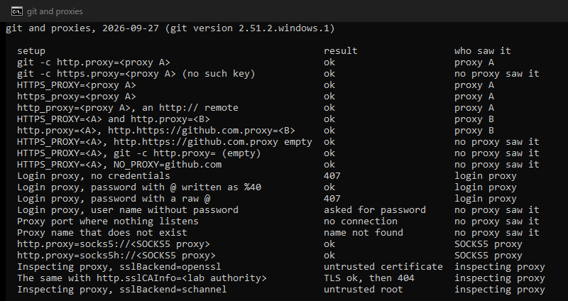 Our own console window: the git proxy lab printing its result, one line per setup, with whether git worked and which proxy saw the request.